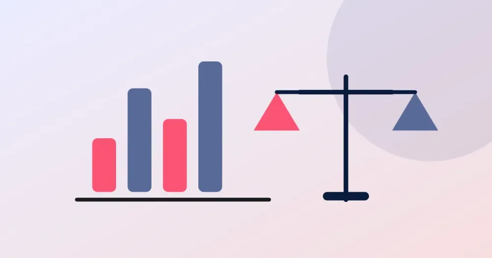 Ilustracion plana: barras de comparacion y una balanza sobre fondo azul y rosa. Alternativas a Payoneer para cobrar en Argentina