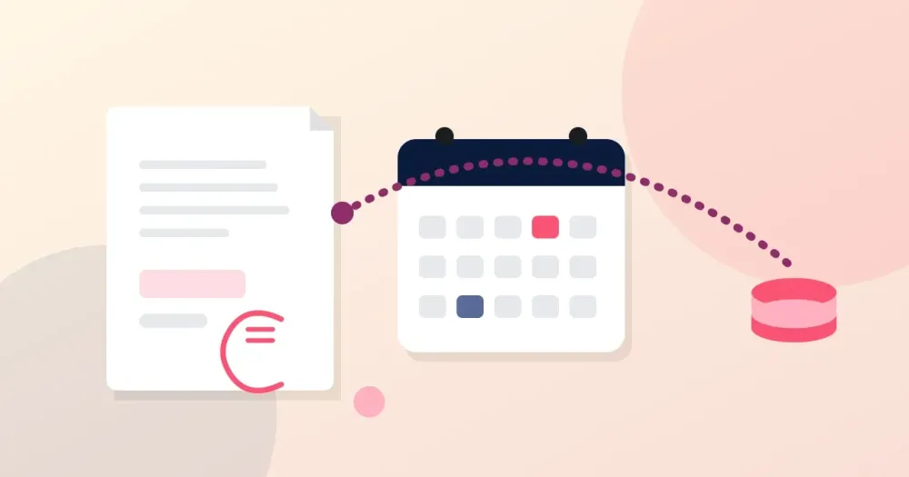 Ilustracion plana: recibo de nomina, calendario del mes y monedas coral sobre fondo calido. Nomina en euros y envio mensual a casa