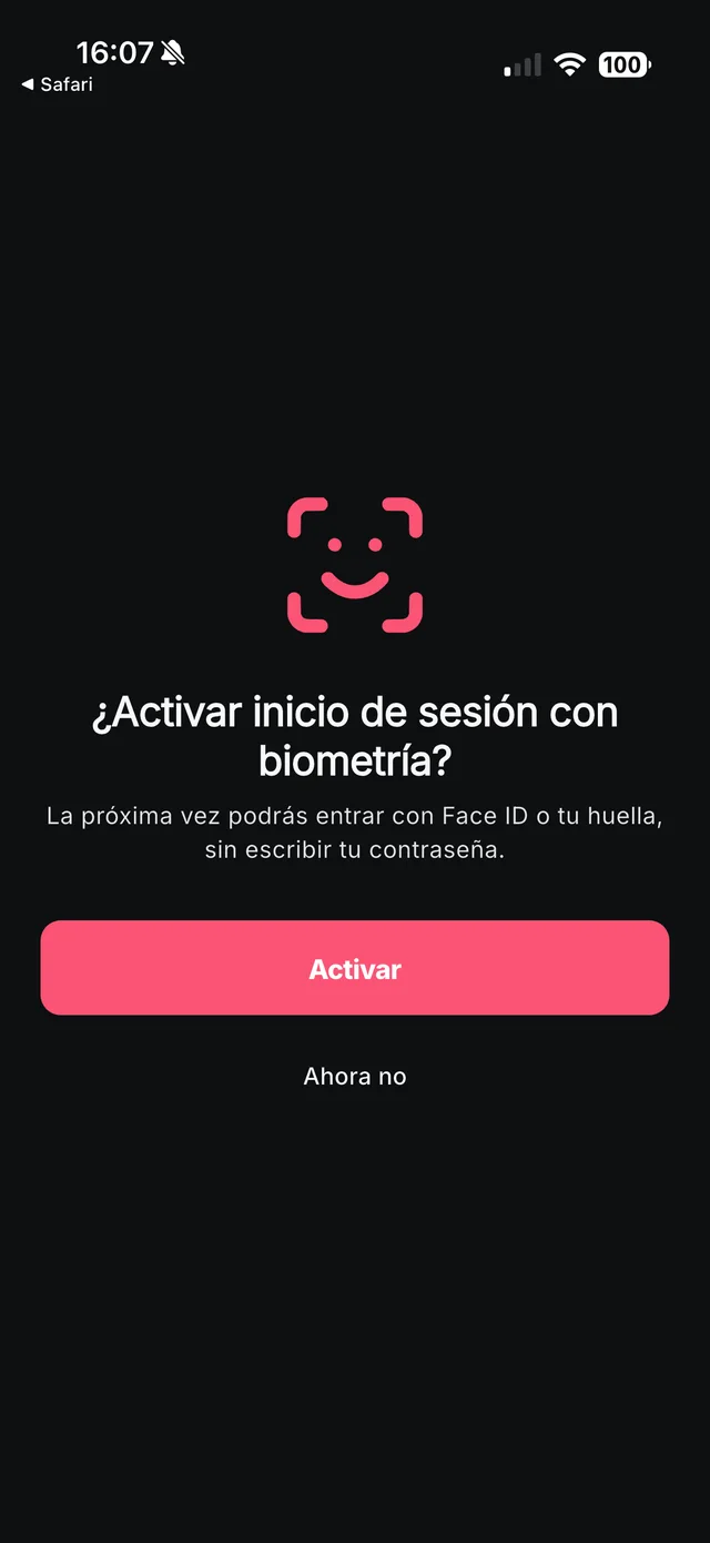 Pantalla real de BNKA: activación de inicio de sesión con biometría